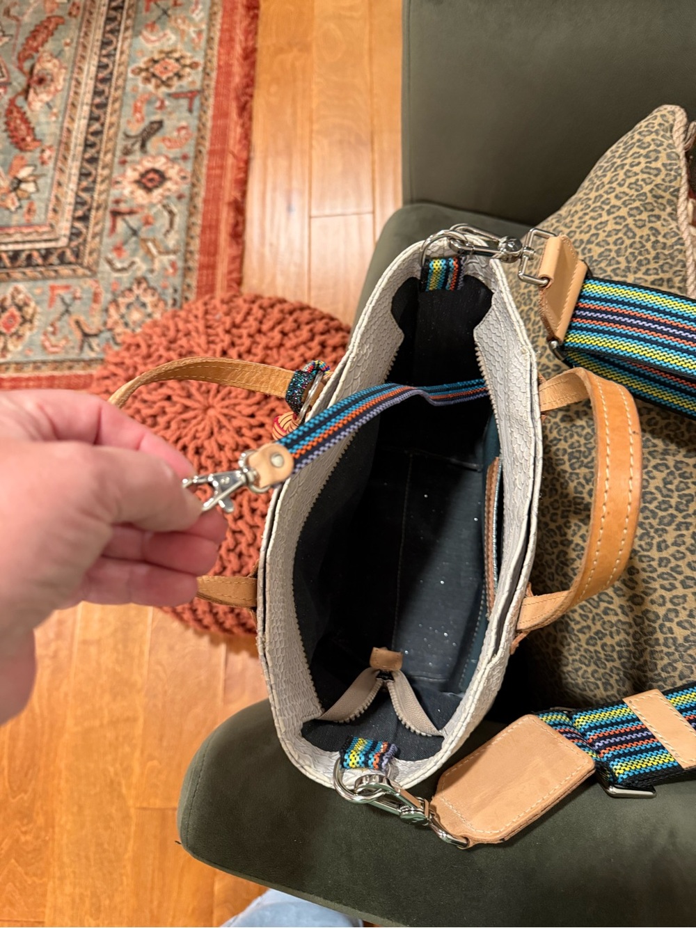 Consuela White Textured Tote with Tan Handles and Multicolor Strap - Picture 6 of 14